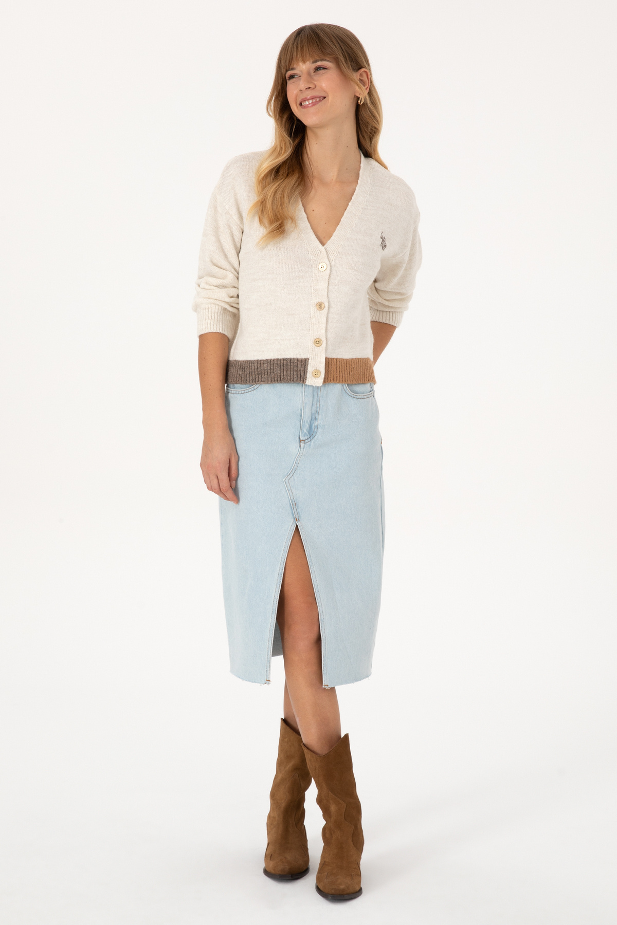 U.S. Polo Assn.  Kadın Krem V Yaka Triko Hırka 50314717-VR256 - Görsel 4