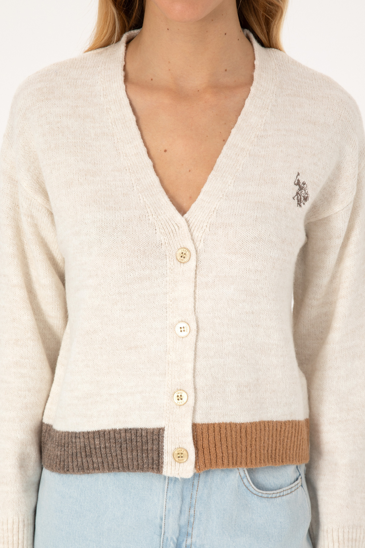U.S. Polo Assn.  Kadın Krem V Yaka Triko Hırka 50314717-VR256 - Görsel 6