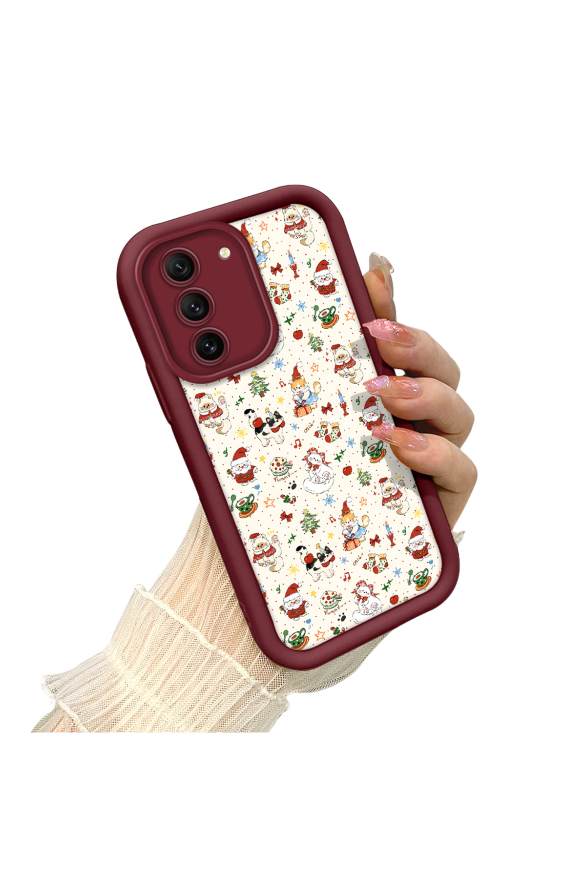 Samsung Galaxy S21 Fe 5G Compatible Christmas Pattern Claret Red Silicone Anti-Fall Pouch
