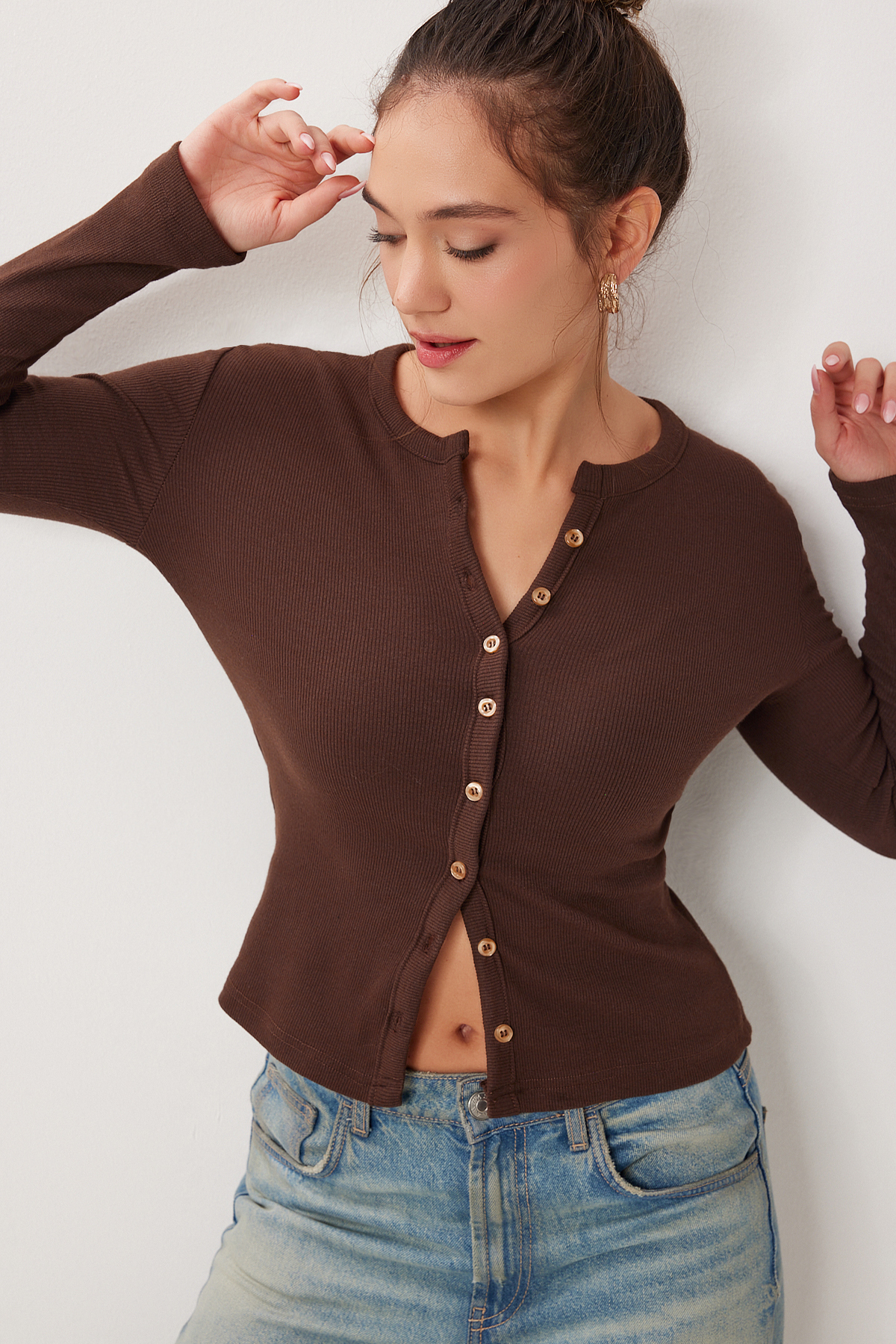 Lovelyİstanbul  Düğmeli Basic Fitili Örme Hırka LRN0001 KAHVERENGİ - Görsel 2