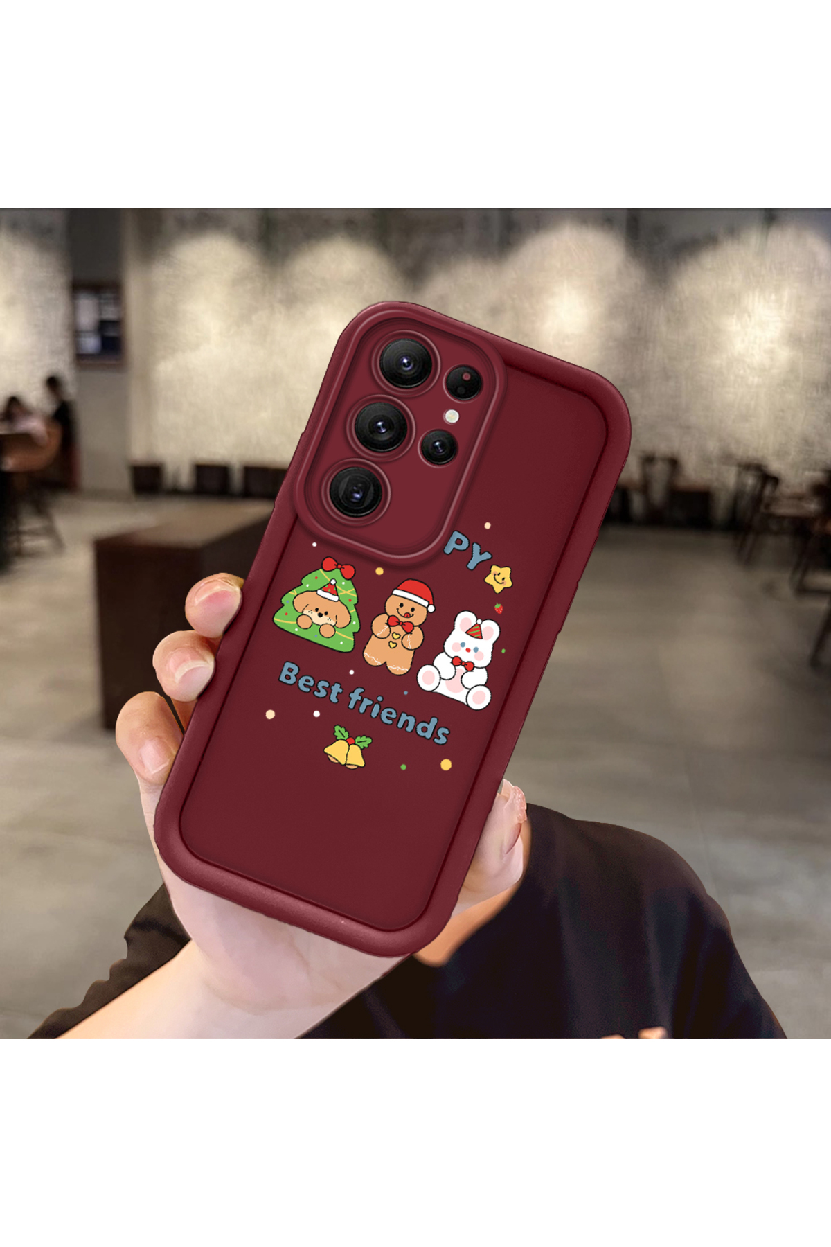 Samsung Galaxy S22 Ultra Compatible Christmas Festival Pattern Burgundy Silicone Anti-Drop Case