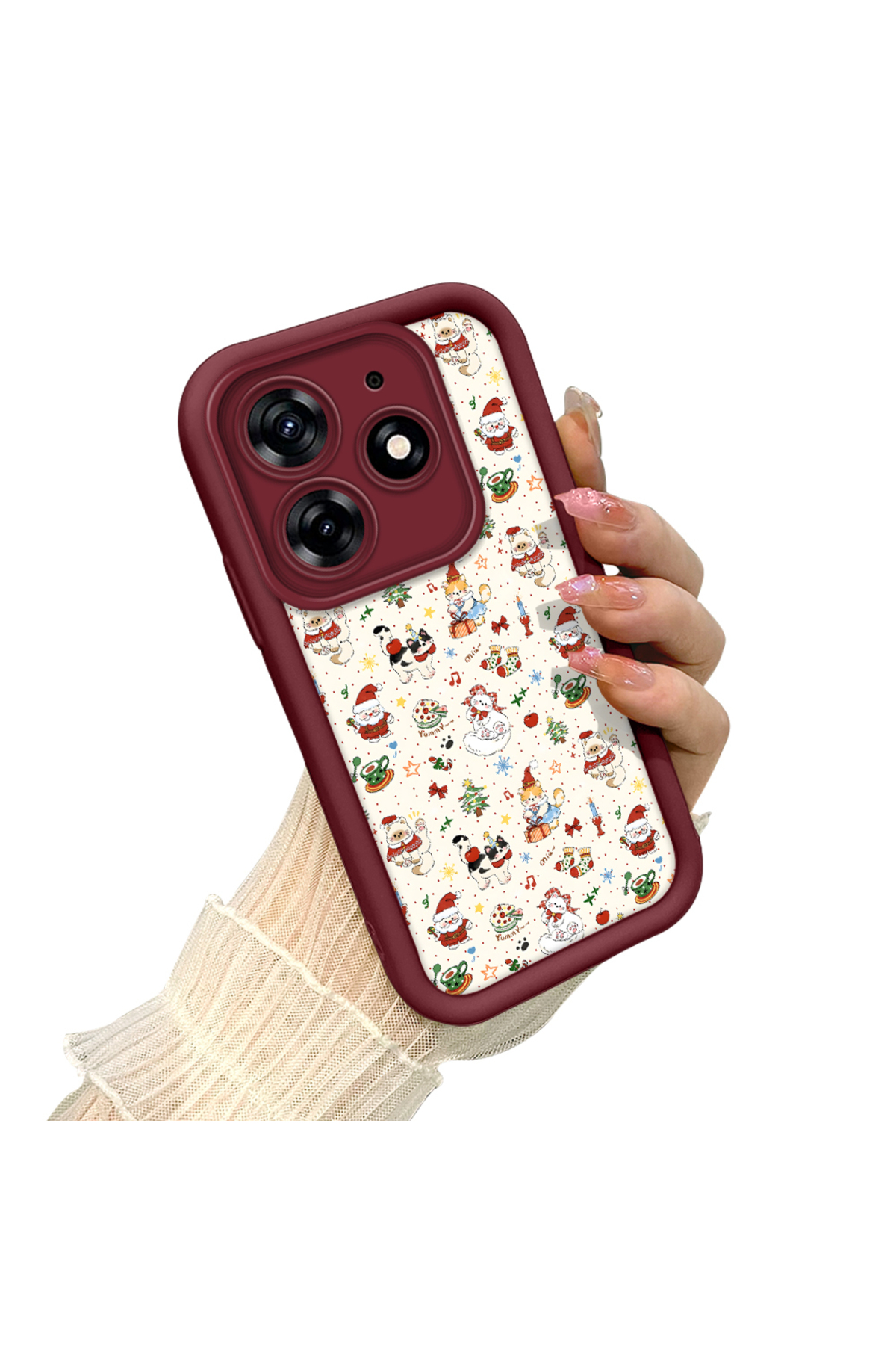 Tecno Spark 10 Pro 4G Compatible Christmas Patterned Burgundy Silicone Anti-Drop Case