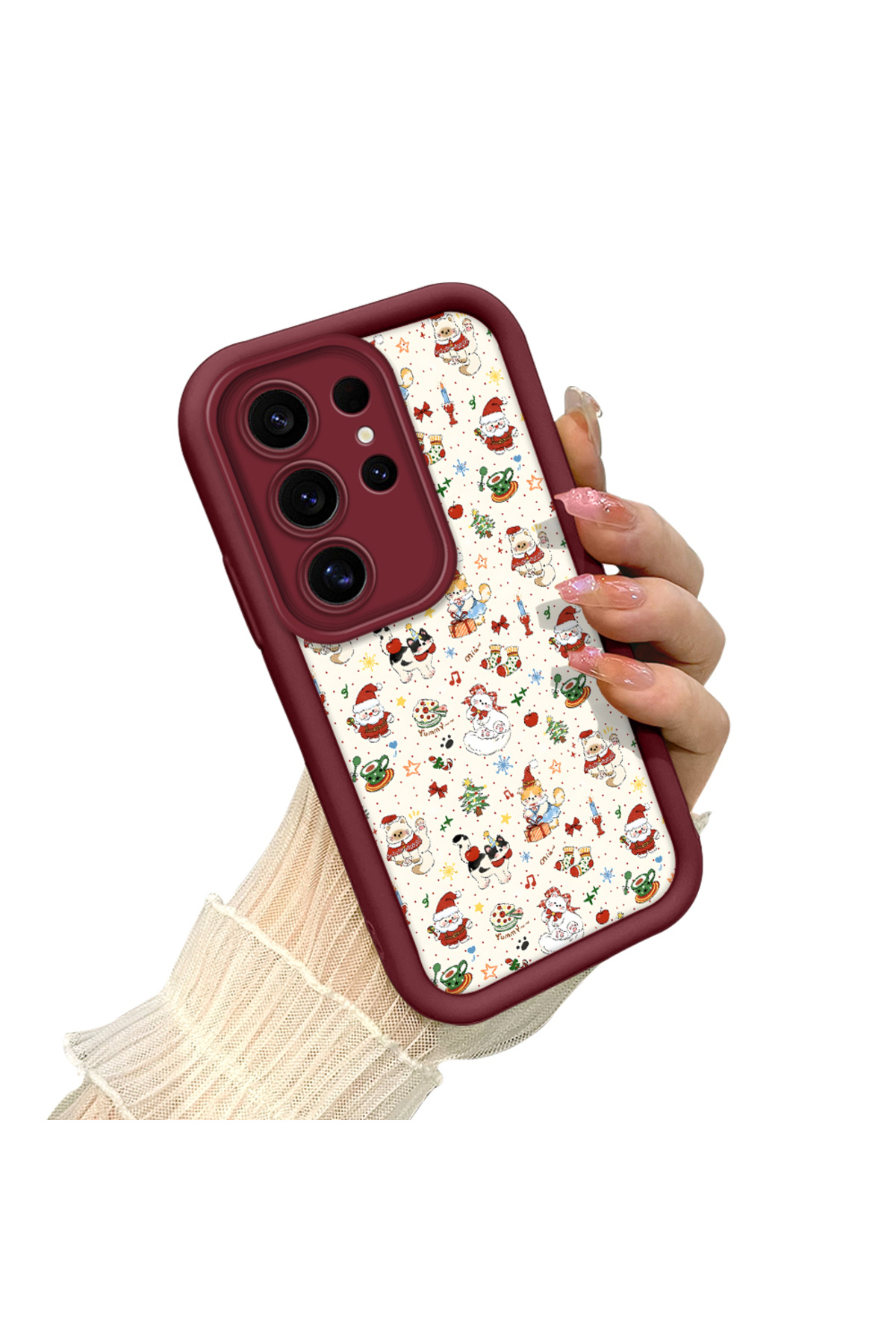 Samsung Galaxy S25 Ultra Compatible Christmas Pattern Claret Red Silicone Anti-Fall Pouch
