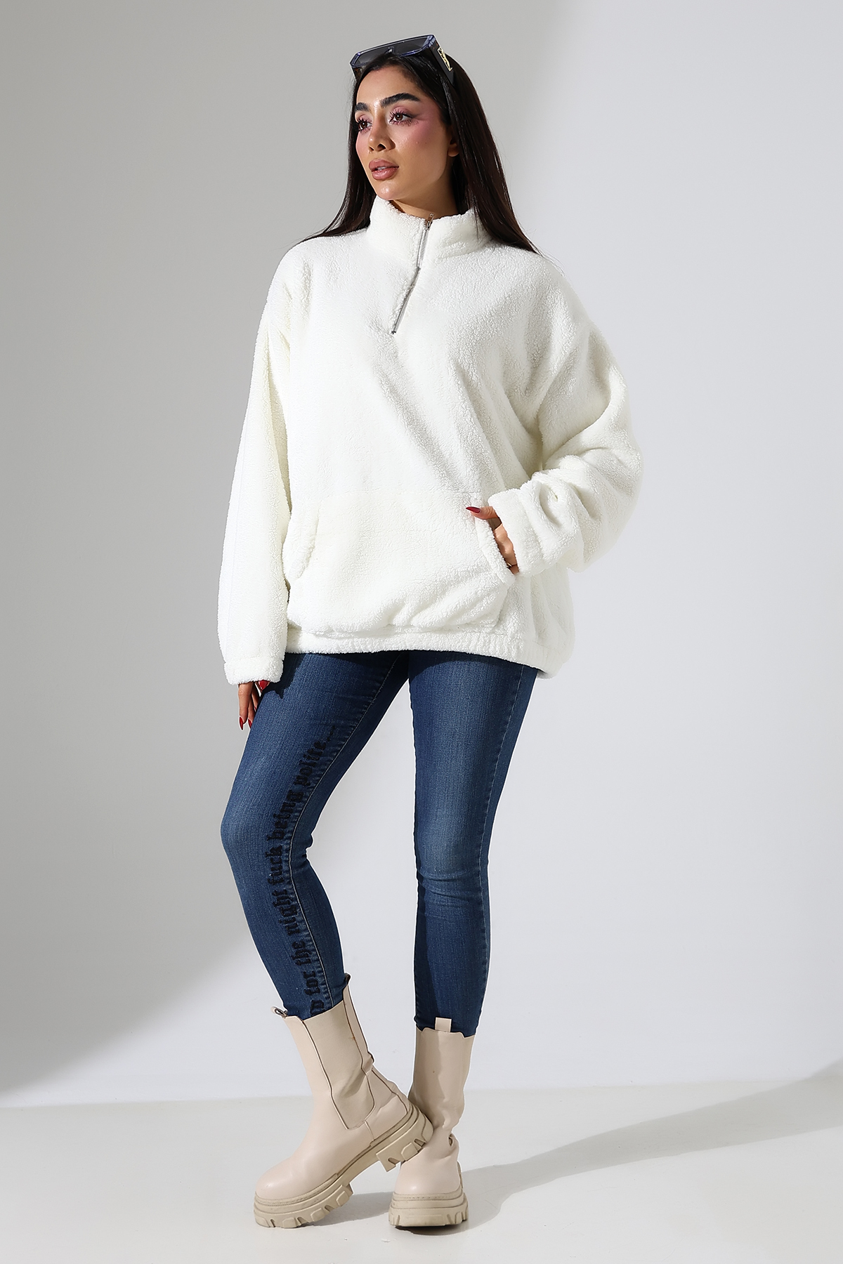 DİVİSTA Kadın Yaka Fermuarlı Uzun Kollu Peluş Sweatshirt görsel 2