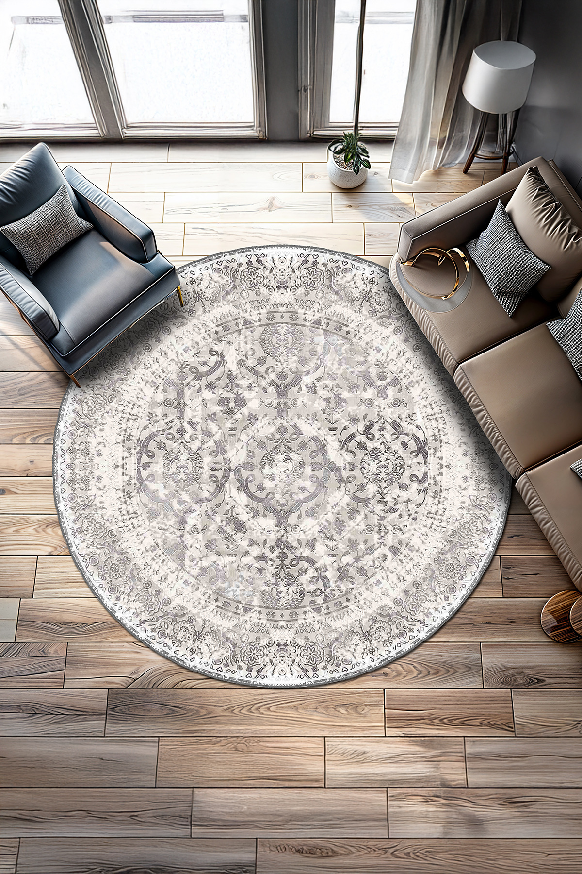 Grey Beige Classic Anti-Slip Base Carpet Runner Round Authentic Pattern BIG023