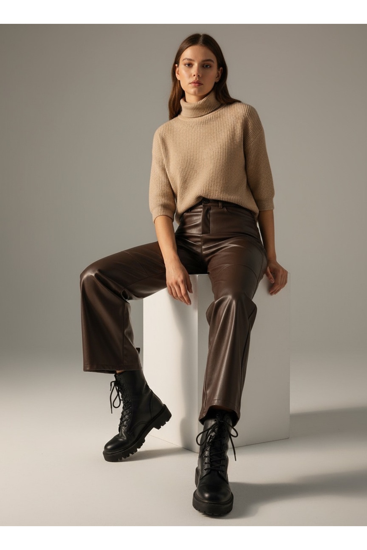 Grenj Fashion  Kahverengi Relaxed Boru Paça Dikiş Detaylı Deri Pantolon - Görsel 5