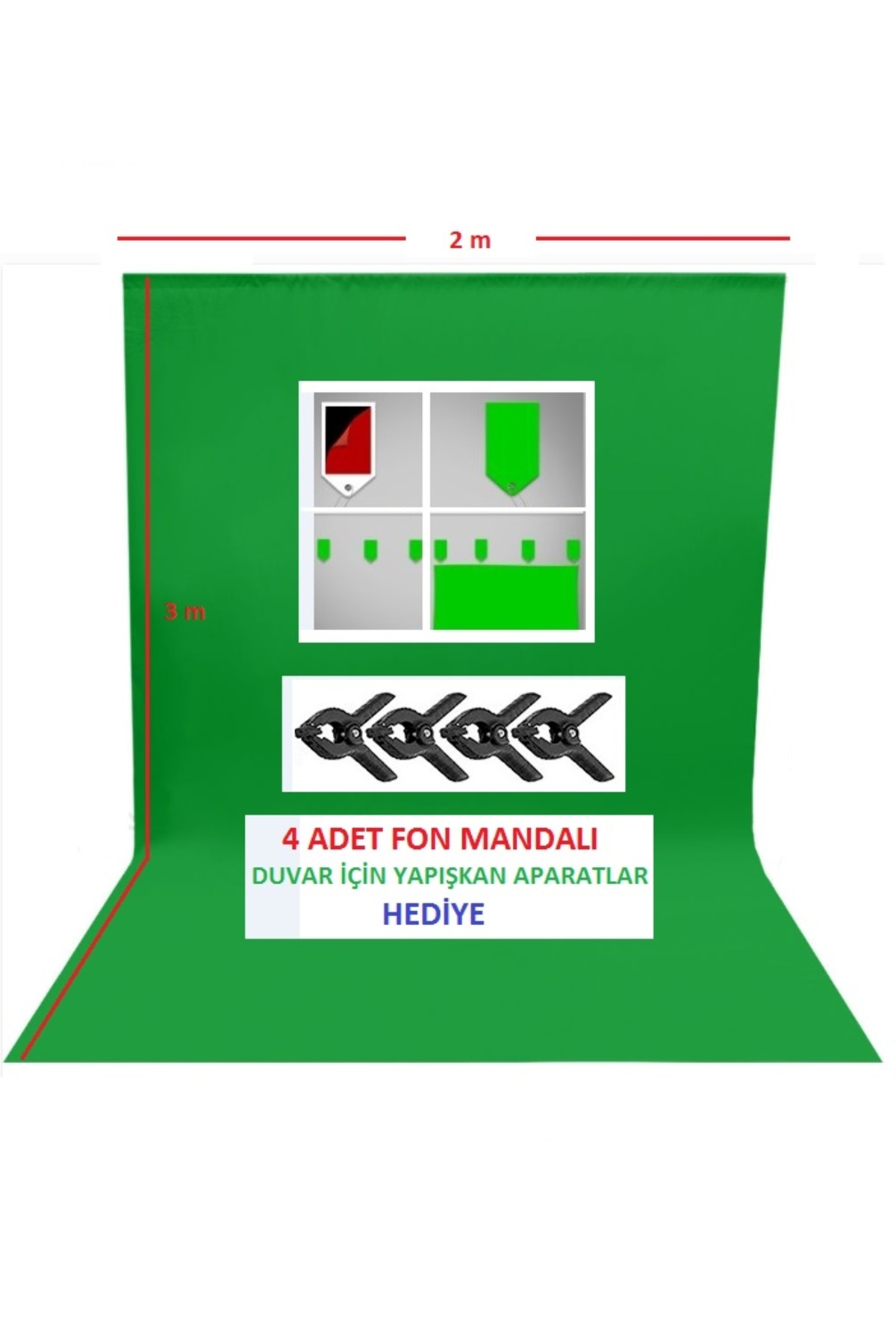 2x3 metre chromakey green screen greenbox yeşil fon Perde ,oyun,Fotoğraf , Stream 4 mandallı