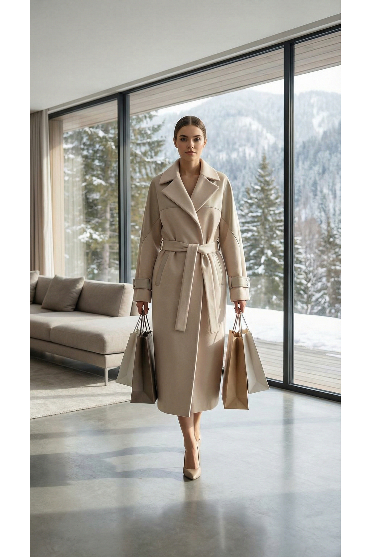 Doggy  Kadın Klasik Kuşaklı Kaşe Palto - Bej Uzun Kesim Şık Model - Görsel 2