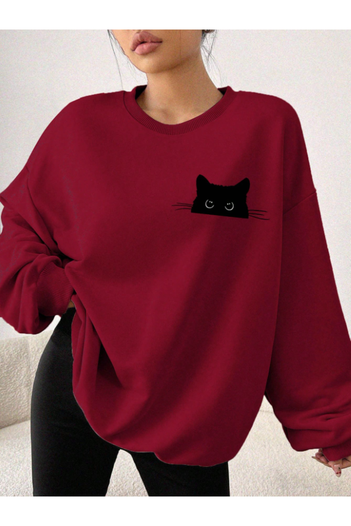 Revasser  Kadın KEDİ Detaylı Özel Baskılı Renkli Oversize Bisiklet Yaka Pamuklu Sweatshirt - Görsel 3