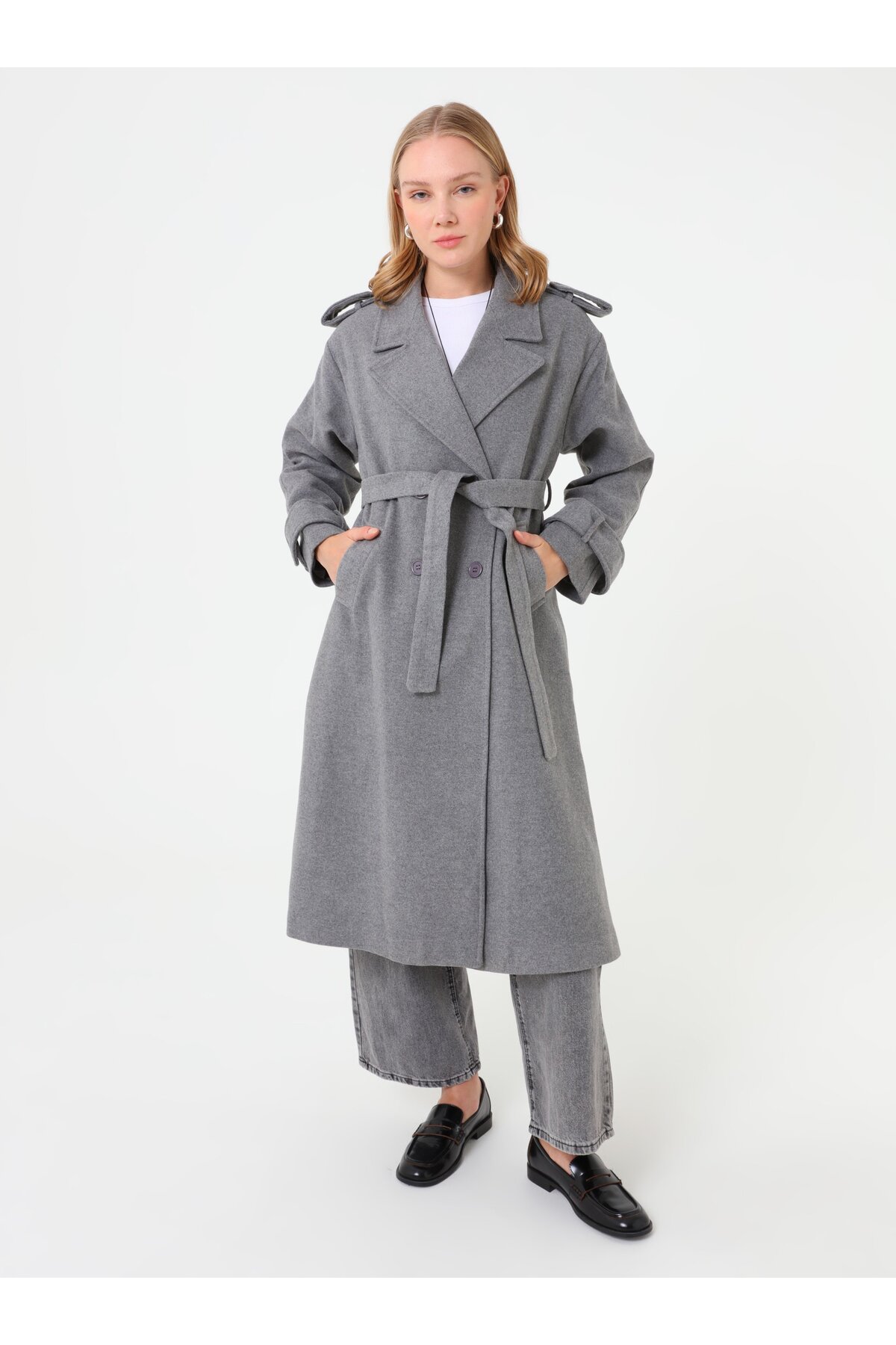 Refka  Apolet Detaylı Klasik Kaban - Gri - - Görsel 2