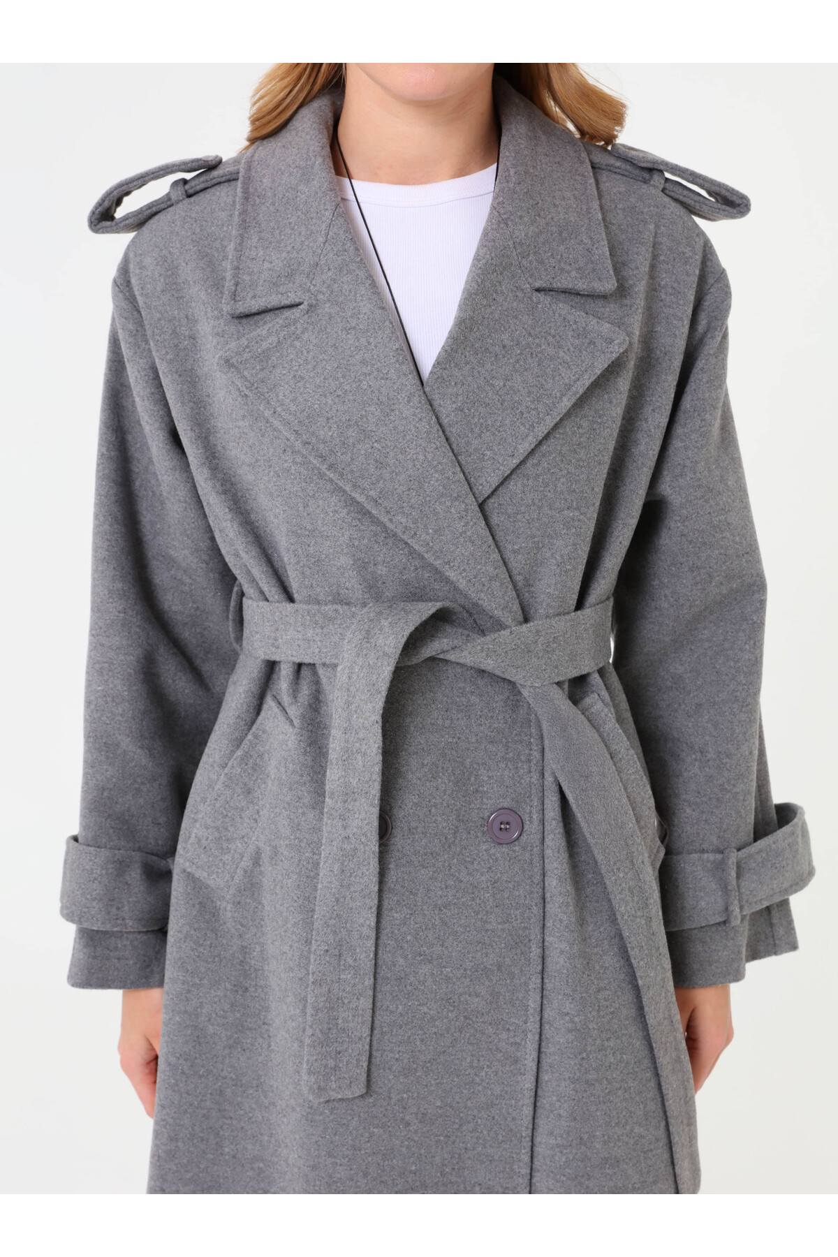Refka  Apolet Detaylı Klasik Kaban - Gri - - Görsel 4