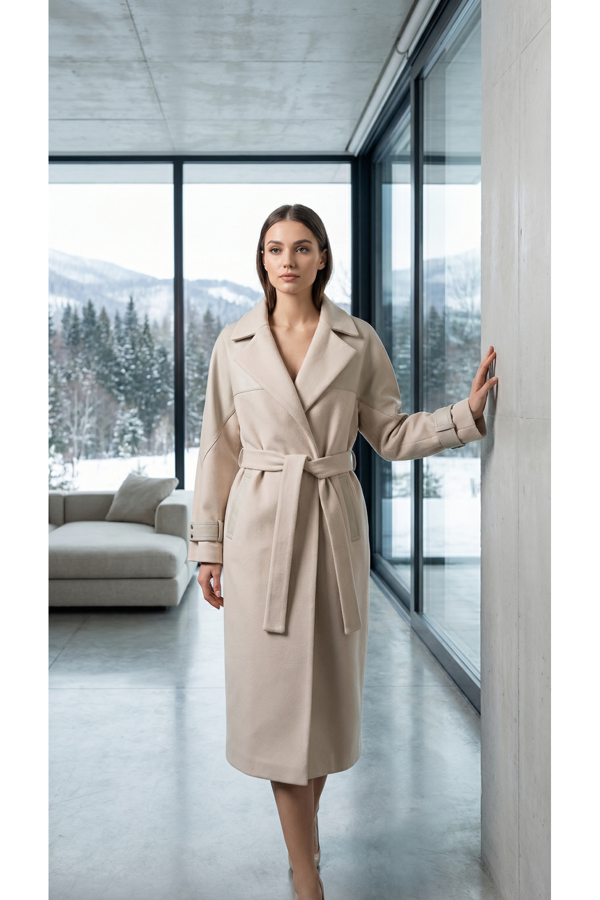 Doggy  Kadın Klasik Kuşaklı Kaşe Palto - Bej Uzun Kesim Şık Model - Görsel 6