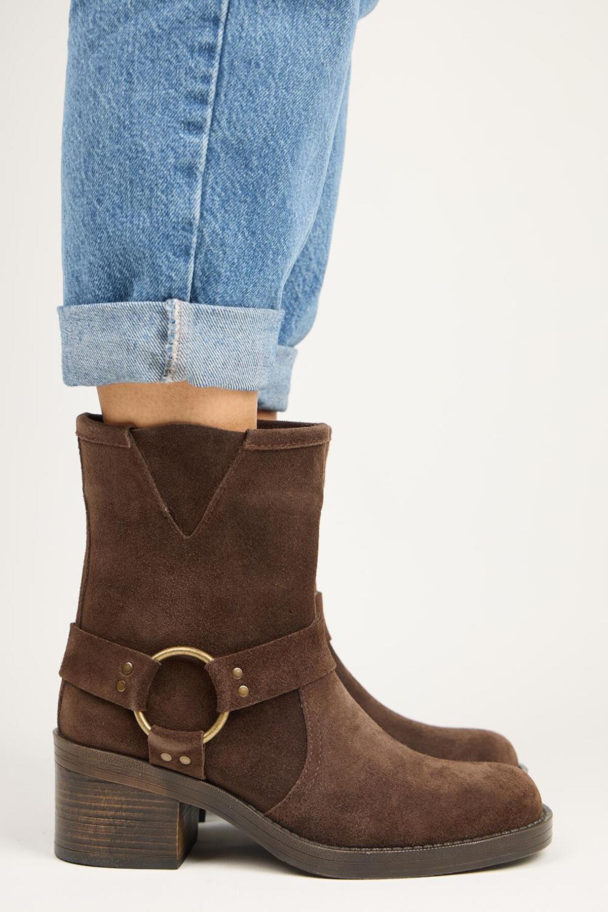 (Livia) Women's Genuine Leather Biker Coffee Boots