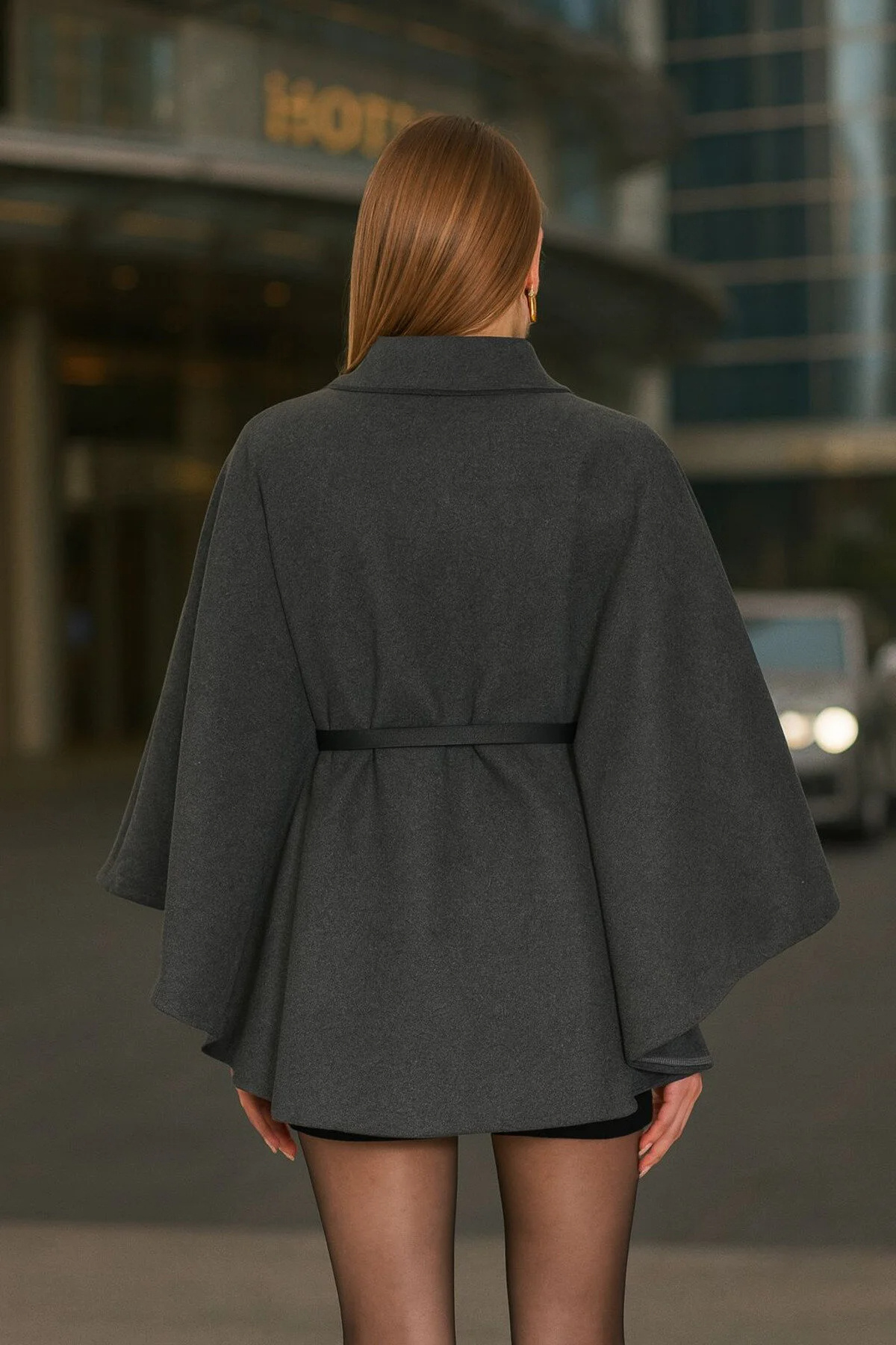 lizge giyim  HAKİM YAKA KEMER DETAYLI KAŞE PANÇO - Görsel 2