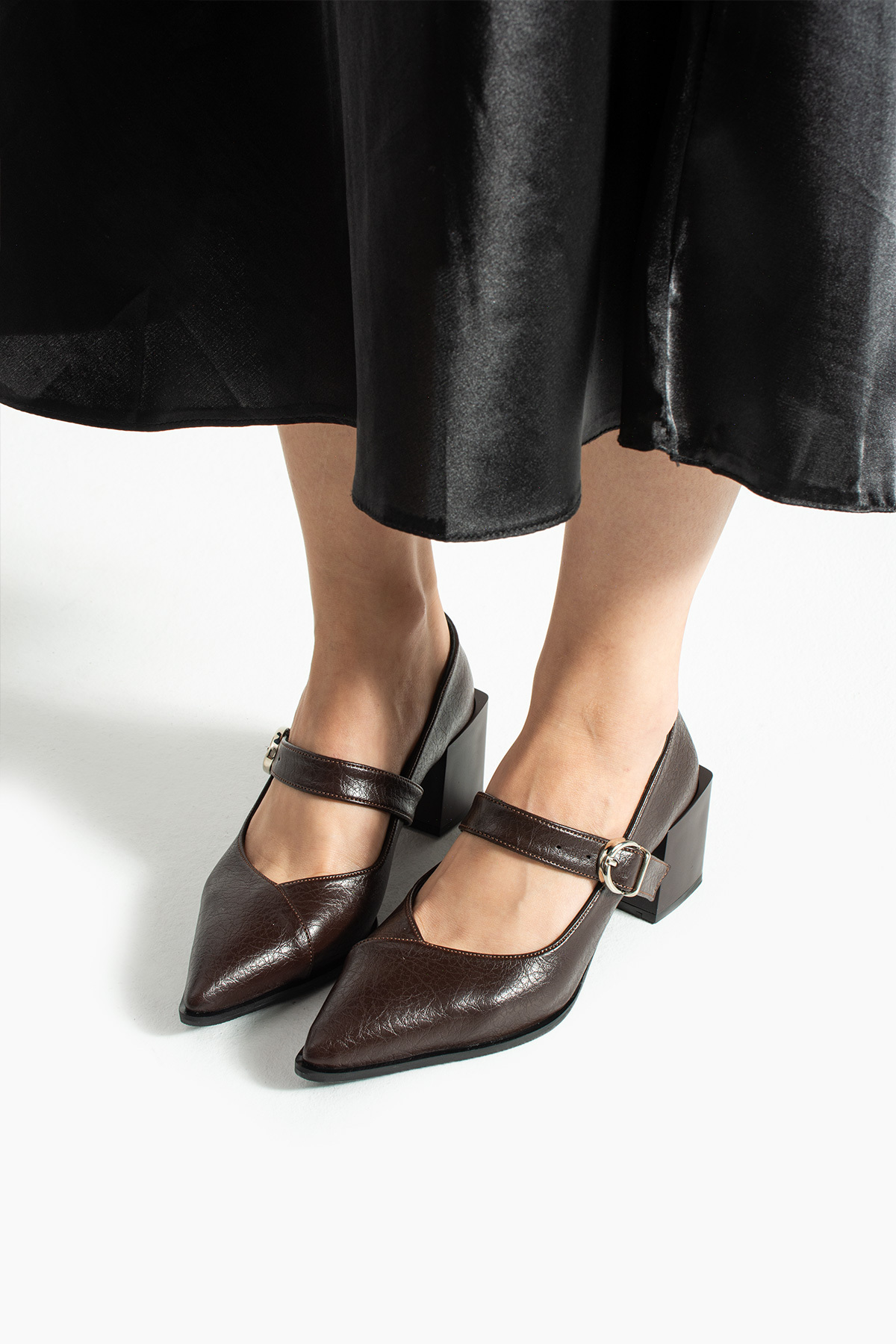 RevanStep  Kadın Sivri Burun Topuklu Ayakkabı - Hakiki Deri İç Taban Mary Jane Kalın Topuk - Görsel 4