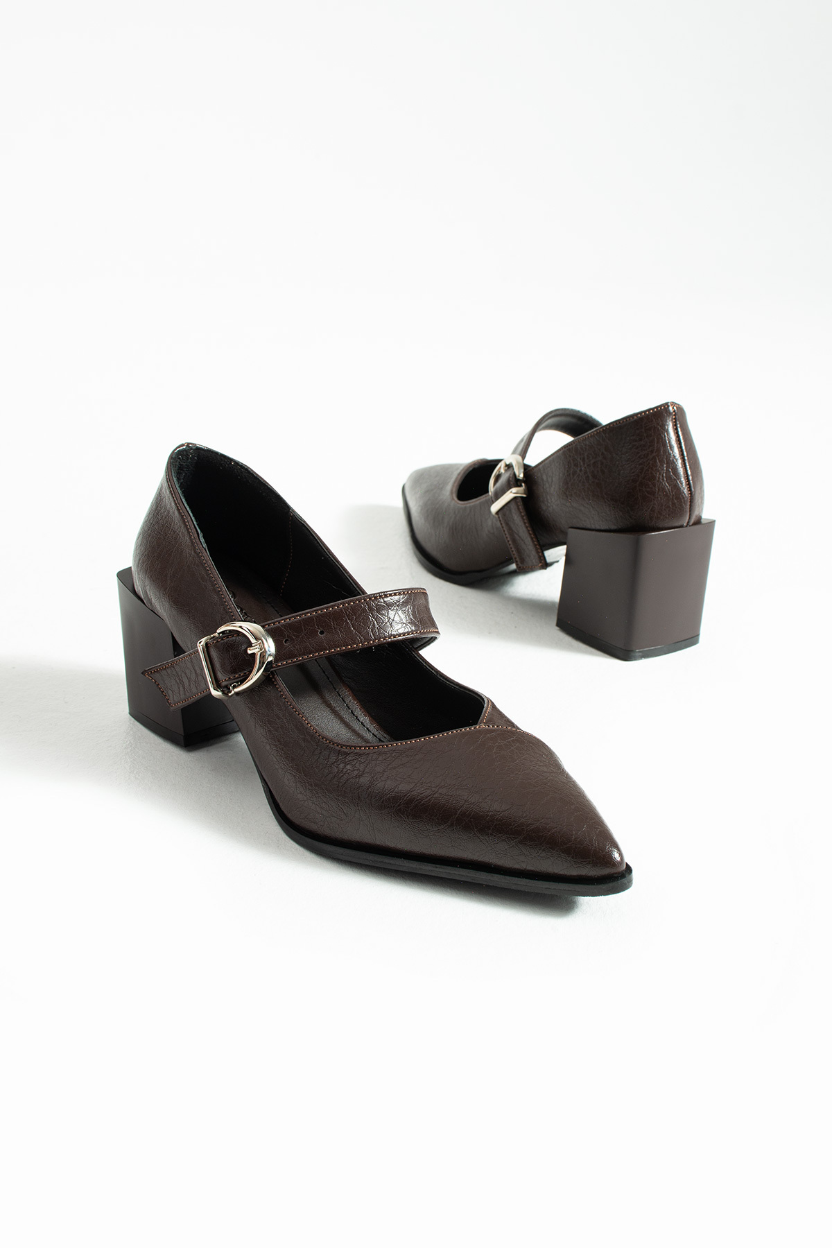 RevanStep  Kadın Sivri Burun Topuklu Ayakkabı - Hakiki Deri İç Taban Mary Jane Kalın Topuk - Görsel 6