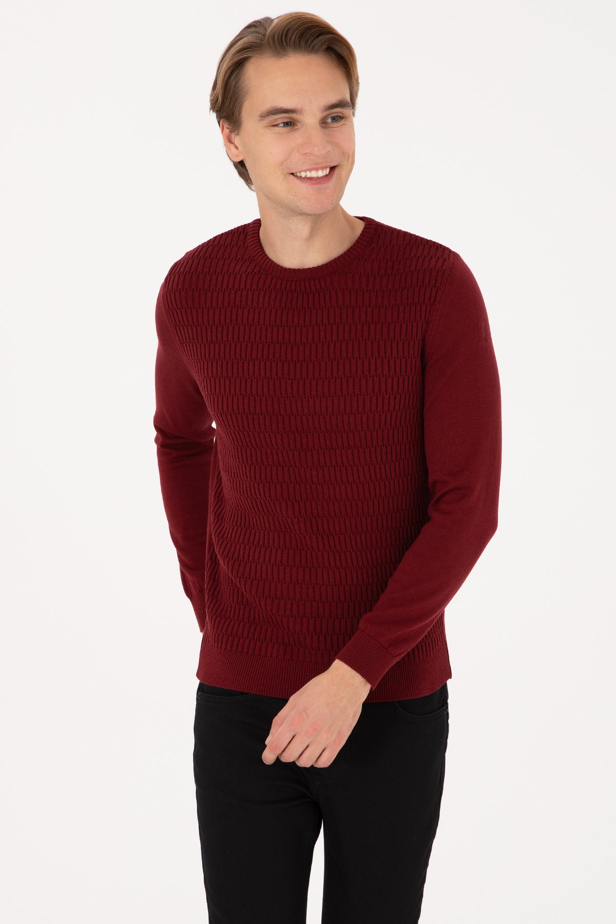 یو اس پولو ژاکت مردانه یقه گرد معمولی فیت به رنگ زرشکی کد ۵۰۳۰۷۸۲۷-VR014