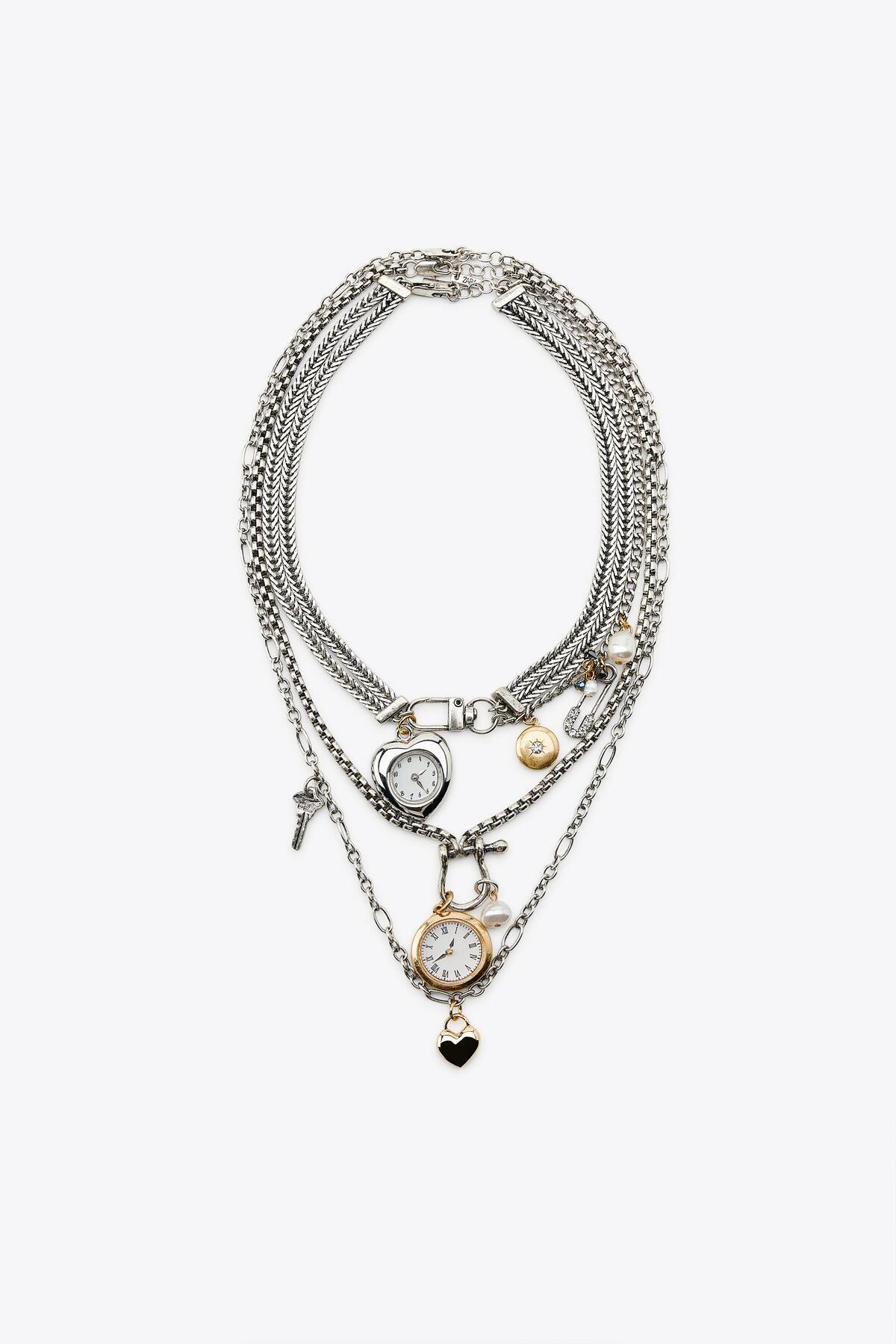 ZRA Model Charm Detailed Watch Collection Premium Band Multiple Charm 3-Piece Necklace Set