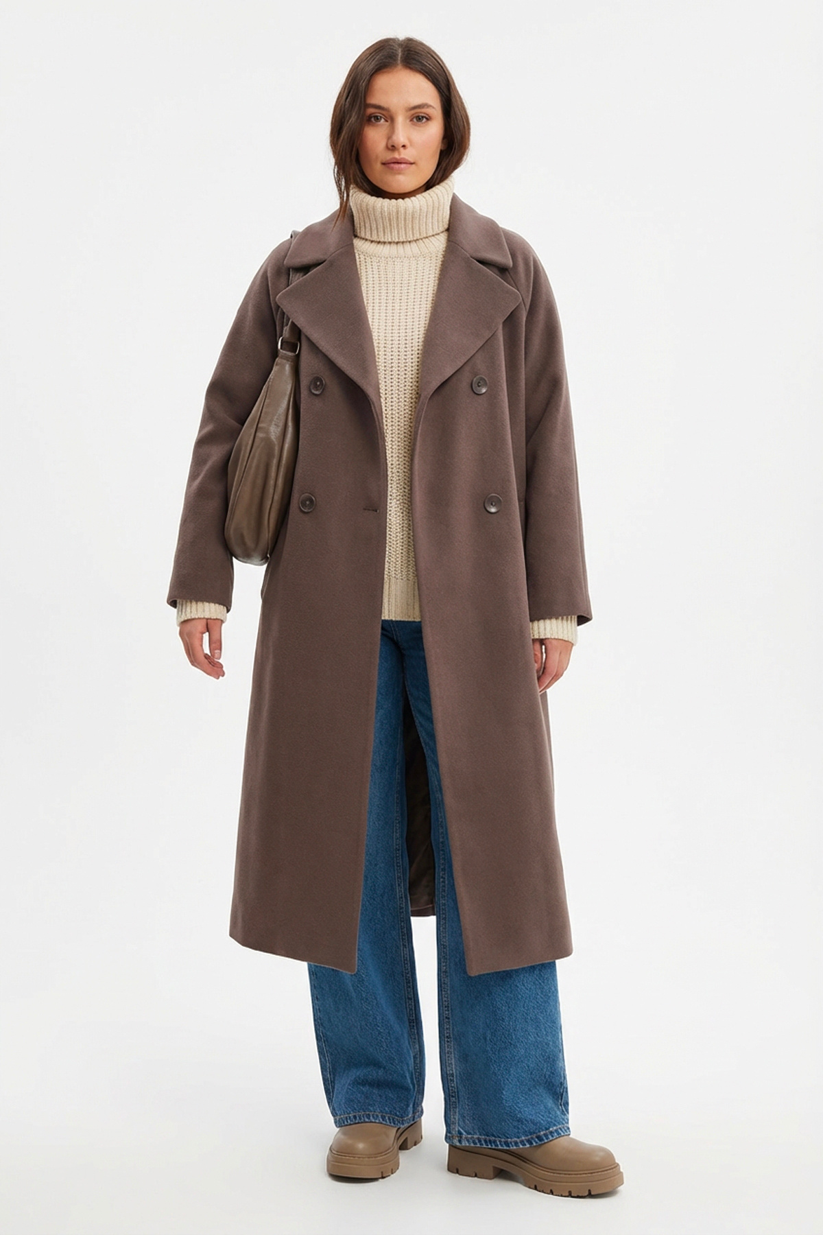 Soydan Güner  Kadın Oversize Kuşaklı Uzun Kaban (Gerçek Bedenden 2 Beden Büyük) Kahve 2050 - Görsel 5