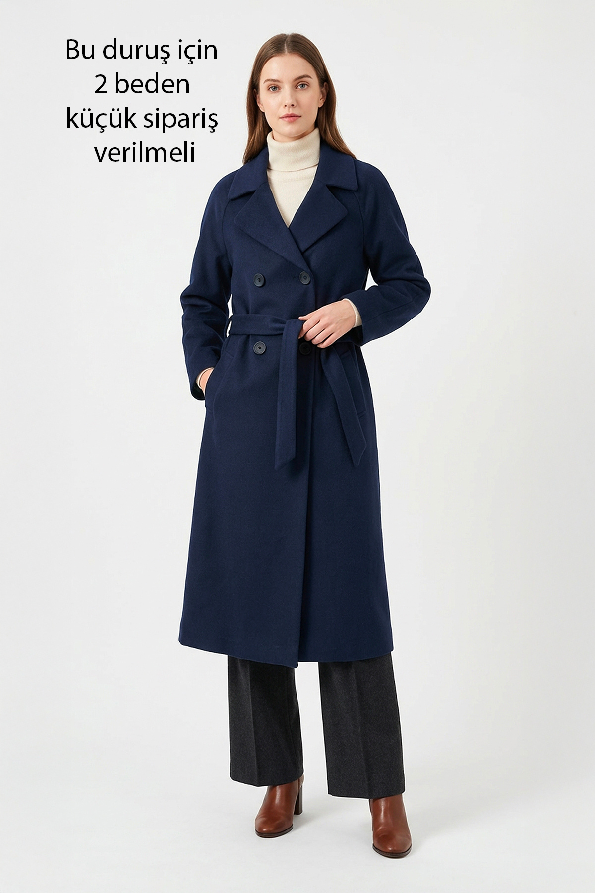 Soydan Güner  Kadın Oversize Kuşaklı Uzun Kaban (Gerçek Bedenden 2 Beden Büyük) Lacivert 2050 - Görsel 2