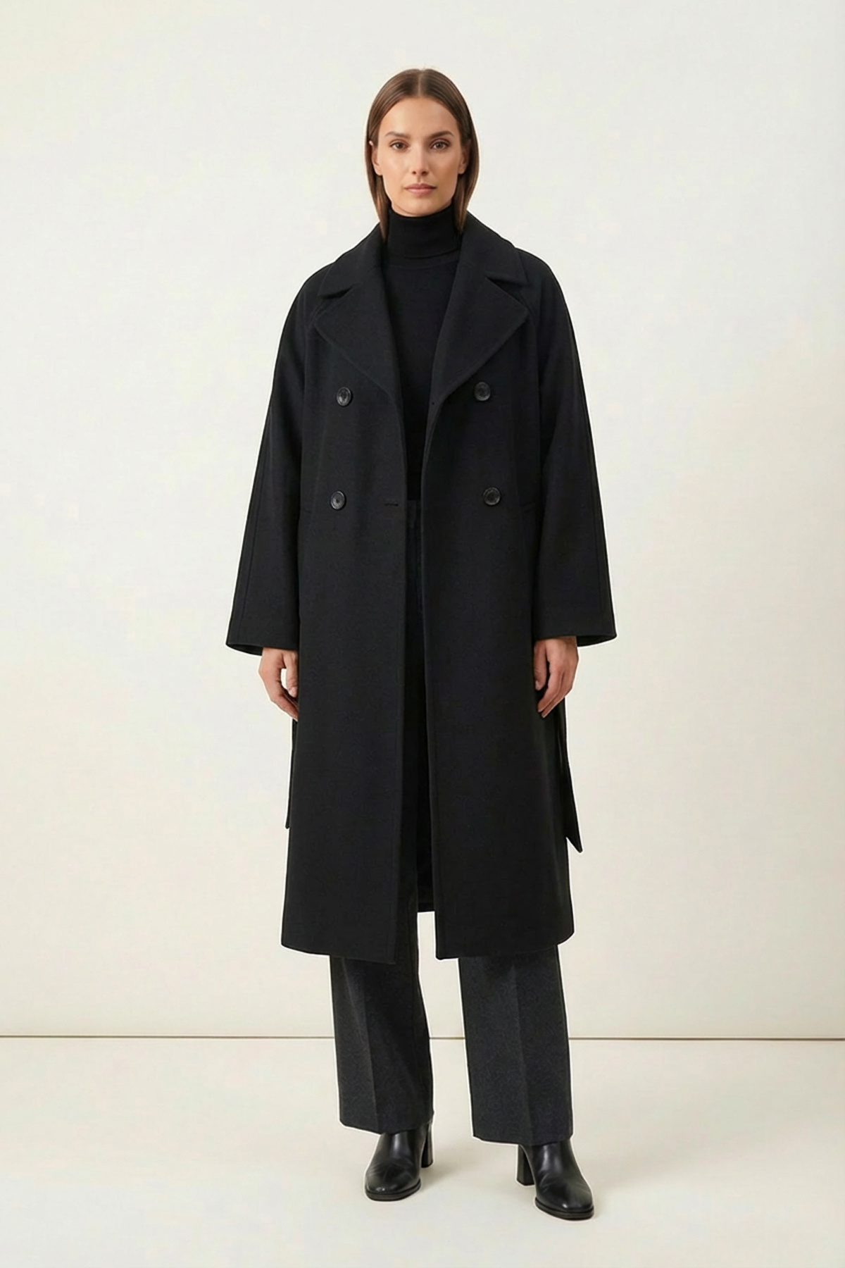 Soydan Güner  Kadın Oversize Kuşaklı Uzun Kaban (Gerçek Bedenden 2 Beden Büyük) Siyah 2050