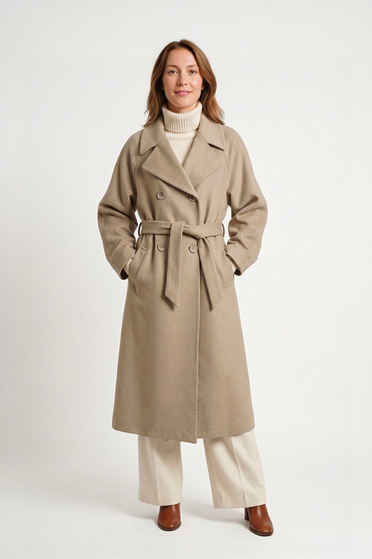 Soydan Güner  Kadın Oversize Kuşaklı Uzun Kaban (Gerçek Bedenden 2 Beden Büyük) Bej 2050