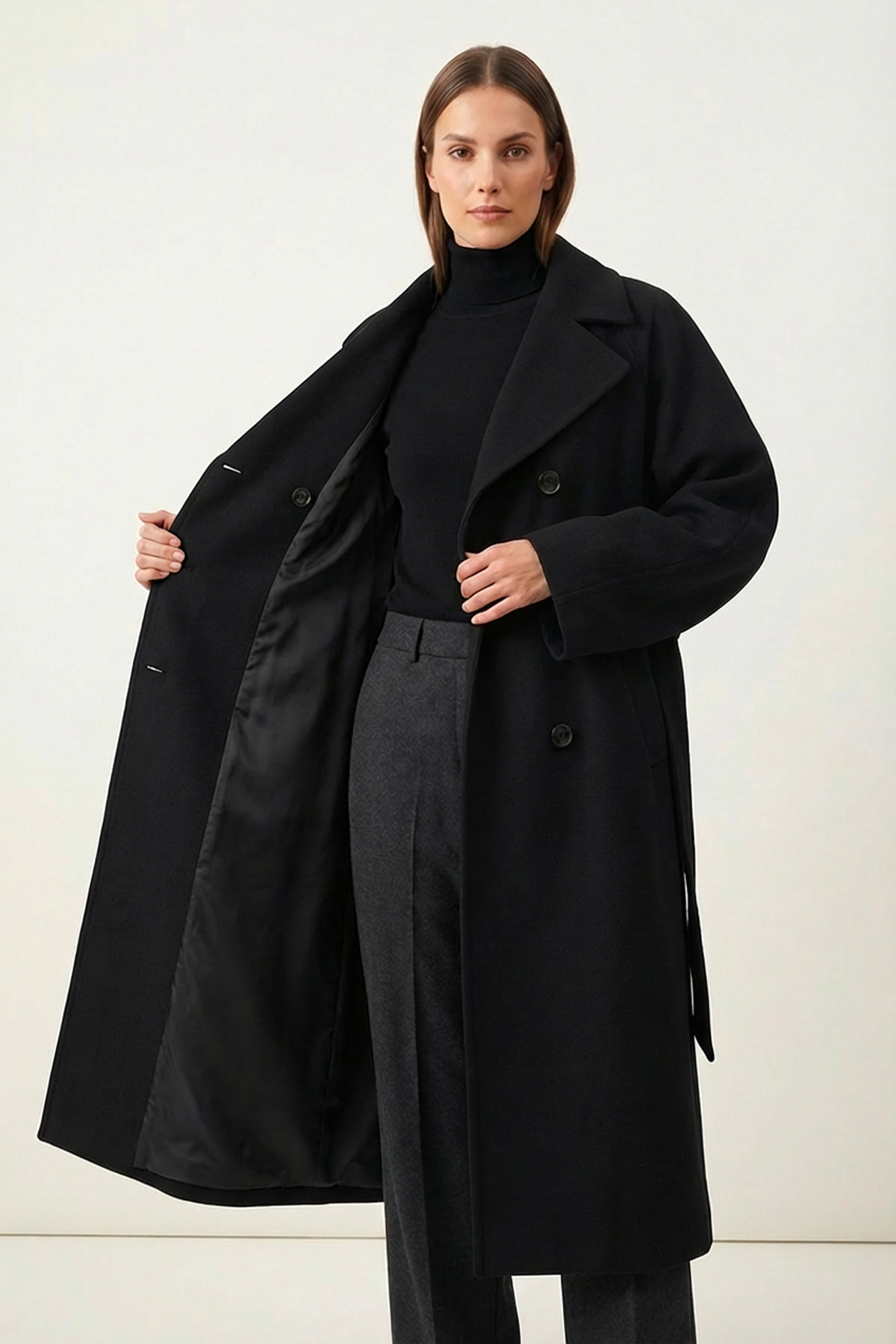 Soydan Güner  Kadın Oversize Kuşaklı Uzun Kaban (Gerçek Bedenden 2 Beden Büyük) Siyah 2050 - Görsel 5