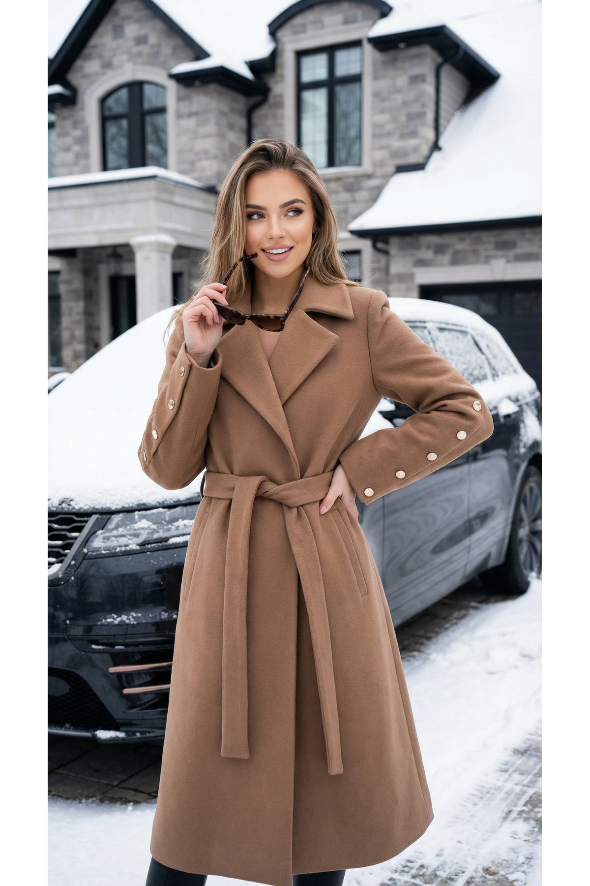 DOGGİ  Kadın Düğme ve İspanyol Kol Detaylı Kuşaklı Uzun Kaşe Palto - Görsel 4