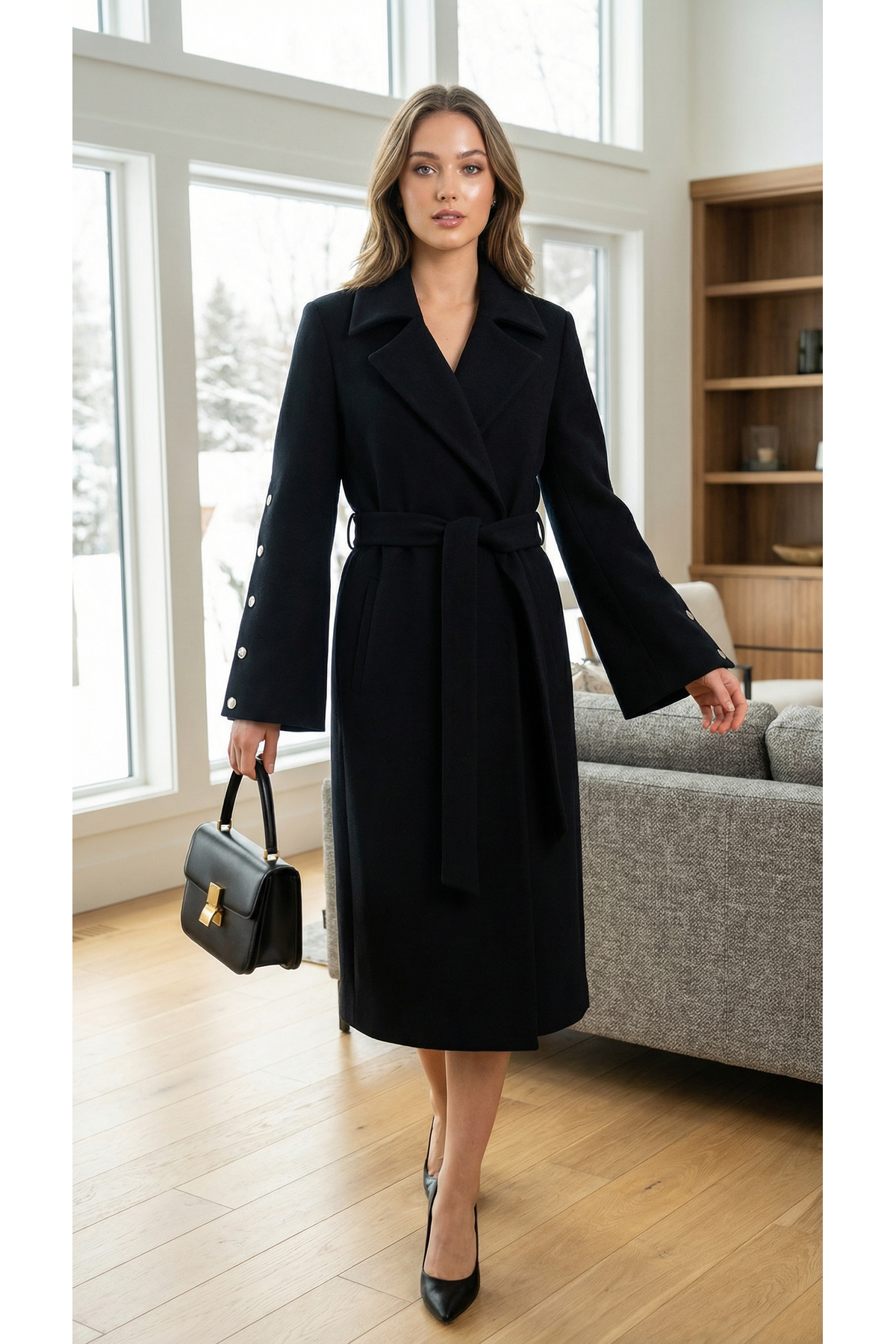 DOGGİ  Kadın Düğme ve İspanyol Kol Detaylı Kuşaklı Uzun Kaşe Palto - Görsel 4