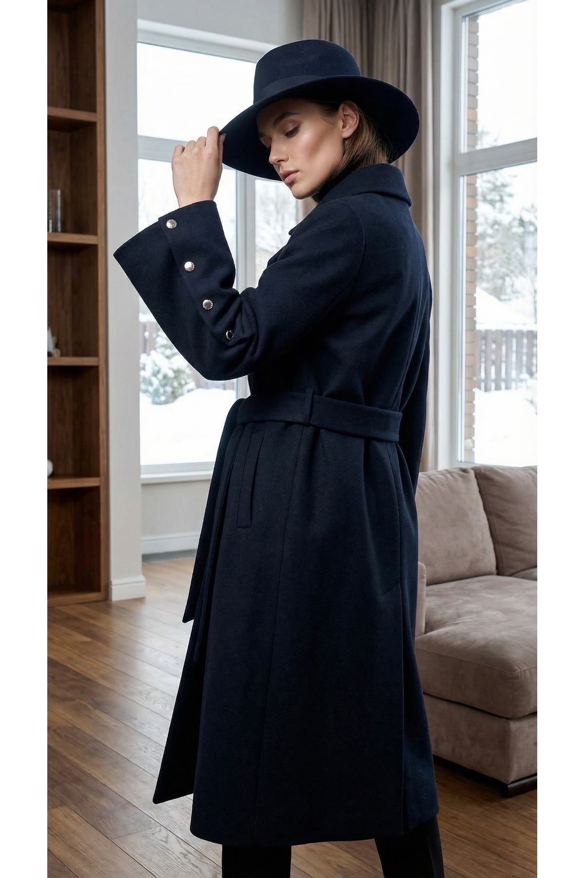 DOGGİ  Kadın Düğme ve İspanyol Kol Detaylı Kuşaklı Uzun Kaşe Palto - Görsel 2