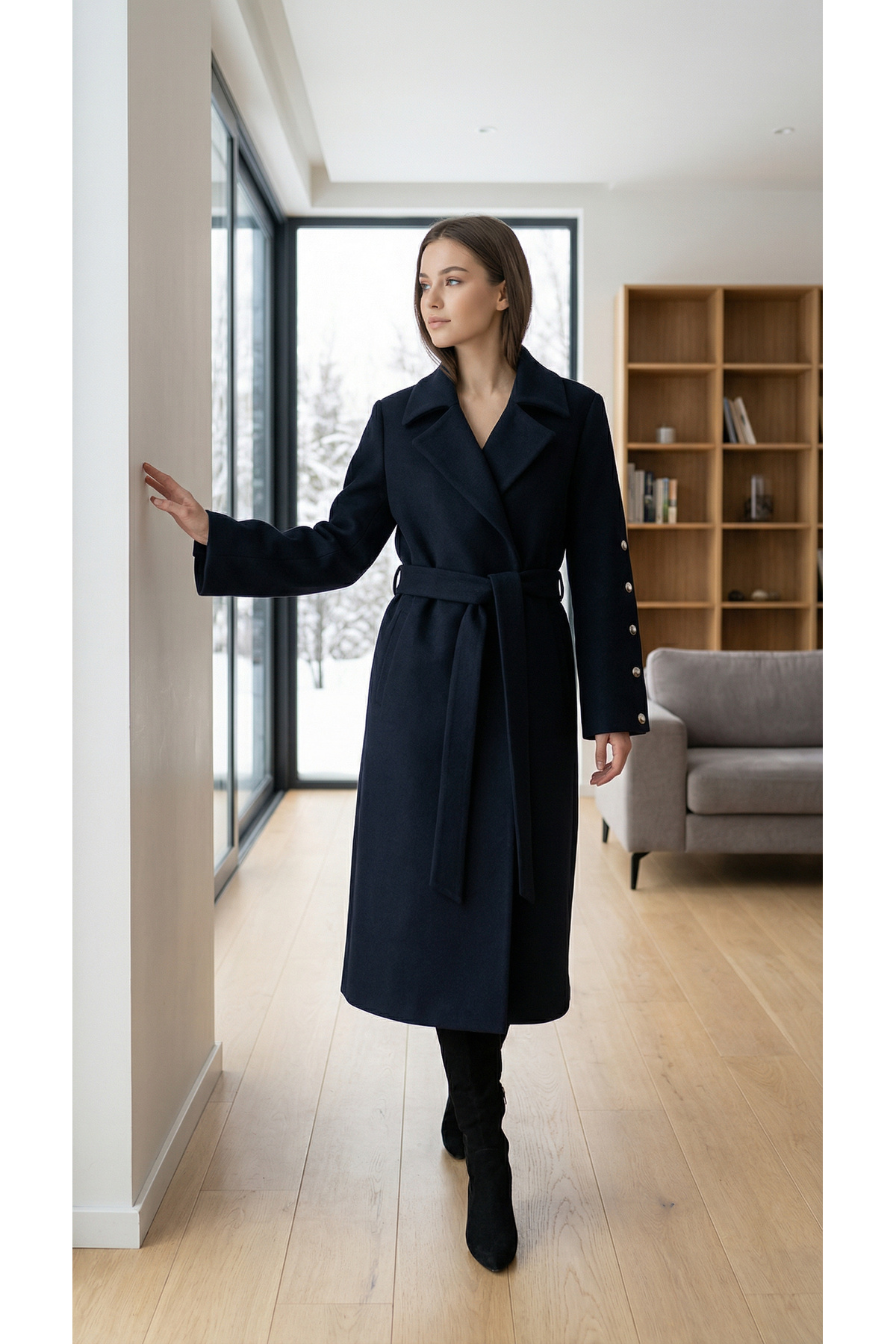 DOGGİ  Kadın Düğme ve İspanyol Kol Detaylı Kuşaklı Uzun Kaşe Palto - Görsel 3