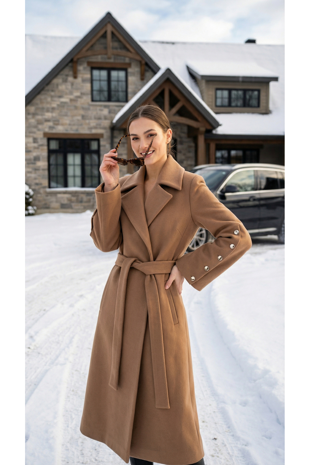 DOGGİ  Kadın Düğme ve İspanyol Kol Detaylı Kuşaklı Uzun Kaşe Palto - Görsel 3