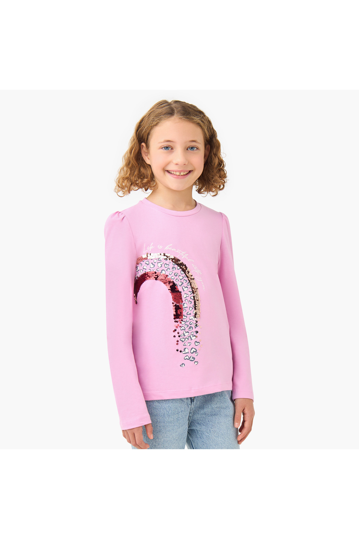 Juniors Girls Crew Neck with Rainbow Sequin Detail - Cotton - Long Sleeves