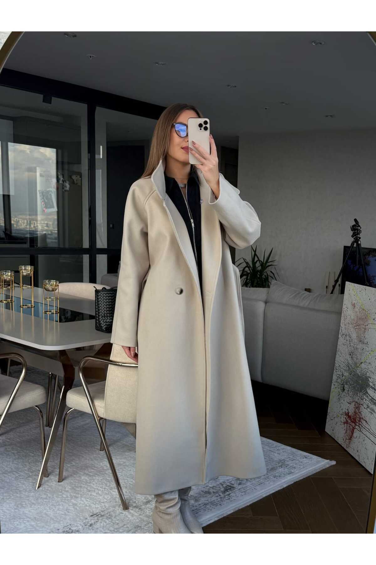 ln8  Boğazlı Uzun Kaşe Kaban - Görsel 4