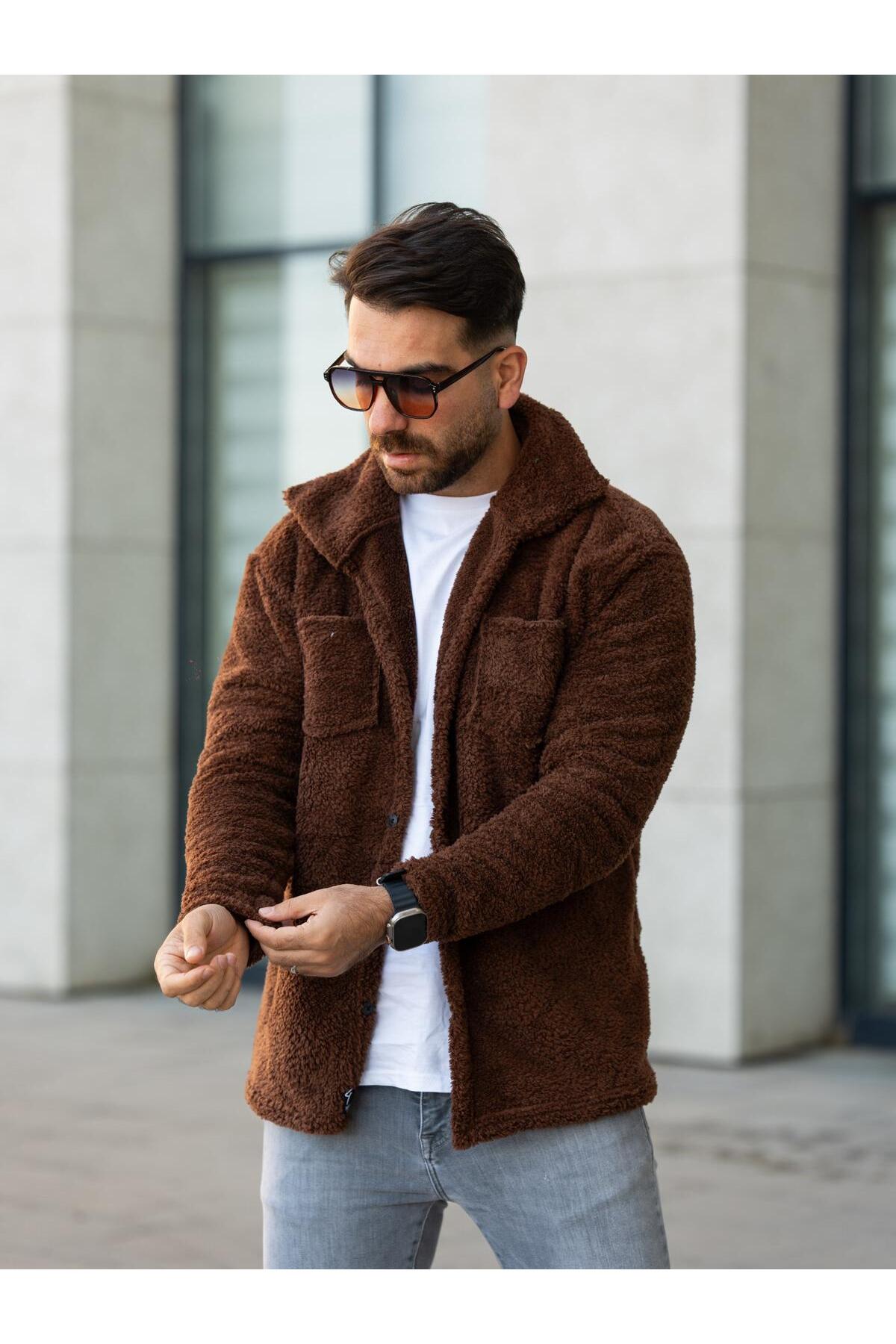 Unisex Kahverengi Peluş Gömlek Yaka Düğmeli Çift Cepli Regular Fit Wersoft Polar Kumaş — قهوه‌ای E6004 — تصویر 2 از 6
