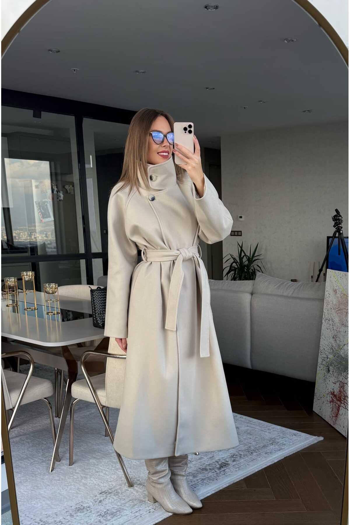 ln8  Boğazlı Uzun Kaşe Kaban - Görsel 3