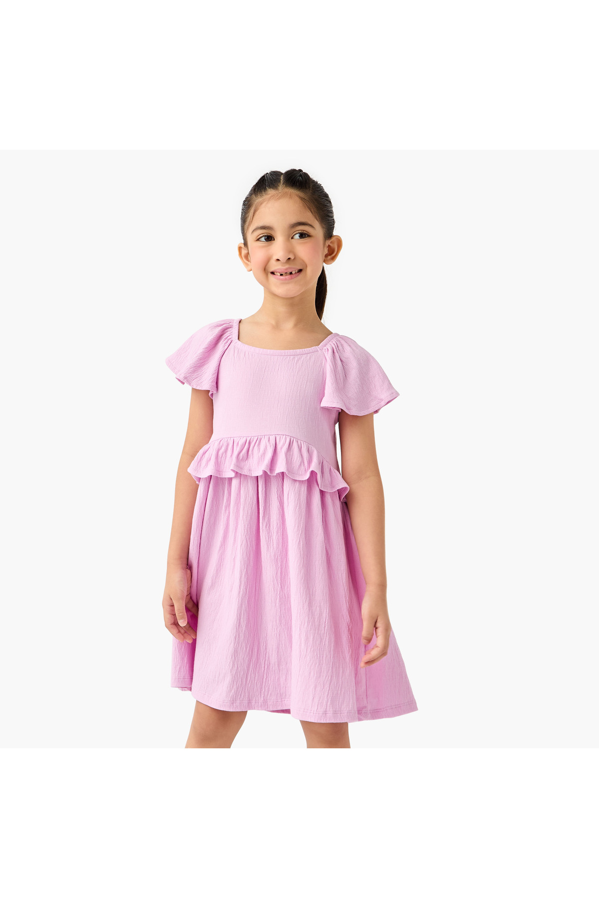 Juniors Ruffled Dress with Flutter Sleeves