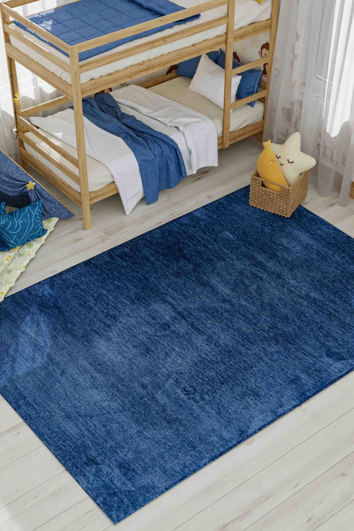 Moreno Viscose Woven Navy Blue Non-Slip Sole Washable Children's Rug 1141
