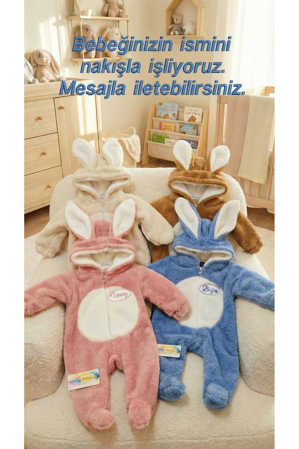 bebek_iklimi İsimli Peluş Kışlık Bebek Tulumu 0-12 Ay – Kapüşonlu Tavşan Kulaklı Patikli fotoğrafı 2 (önizleme)
