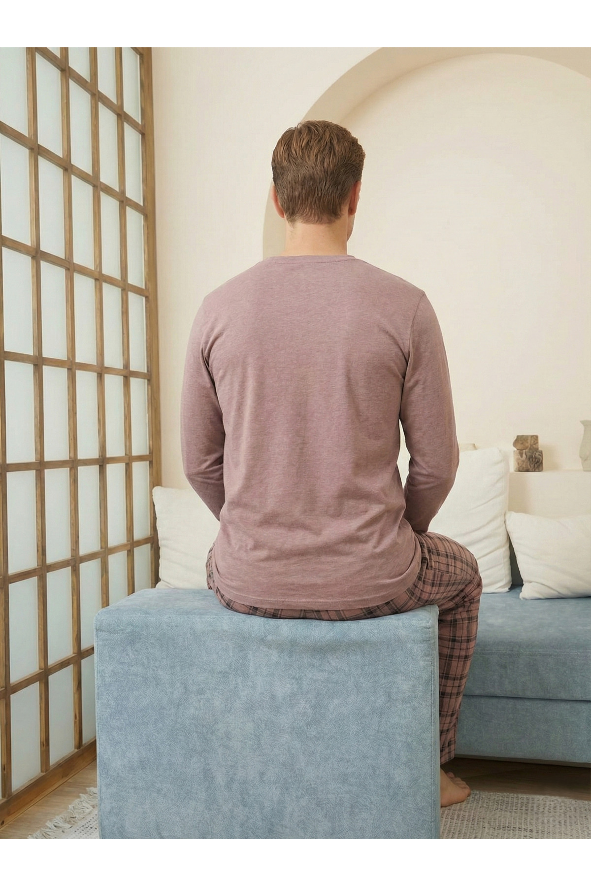 STELLAPİNK Erkek Penye Ekoseli Siyah Uzun Pijama Takımı görsel 4
