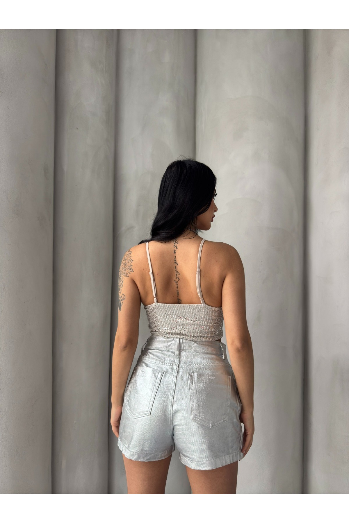Kadın Ayarlanabilir Askılı Payetli Crop(Büstiyer) Bluz - Beyaz