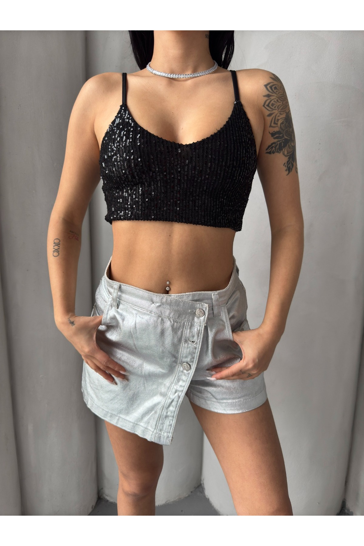 Kadın Askılı Payetli Crop(Büstiyer) Bluz - Siyah