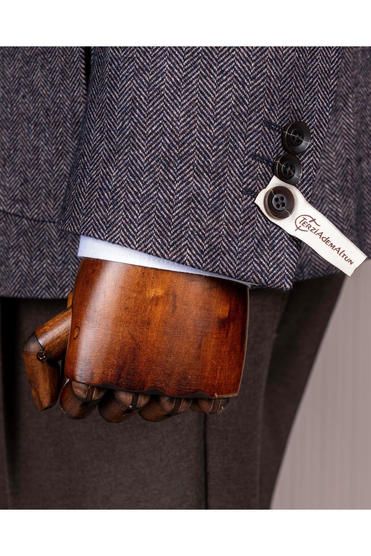 TerziAdemAltun İtalyan stil slim fit yün karışımlı ceket pantolon kombin takım elbise kahverengi T14680 görsel 5