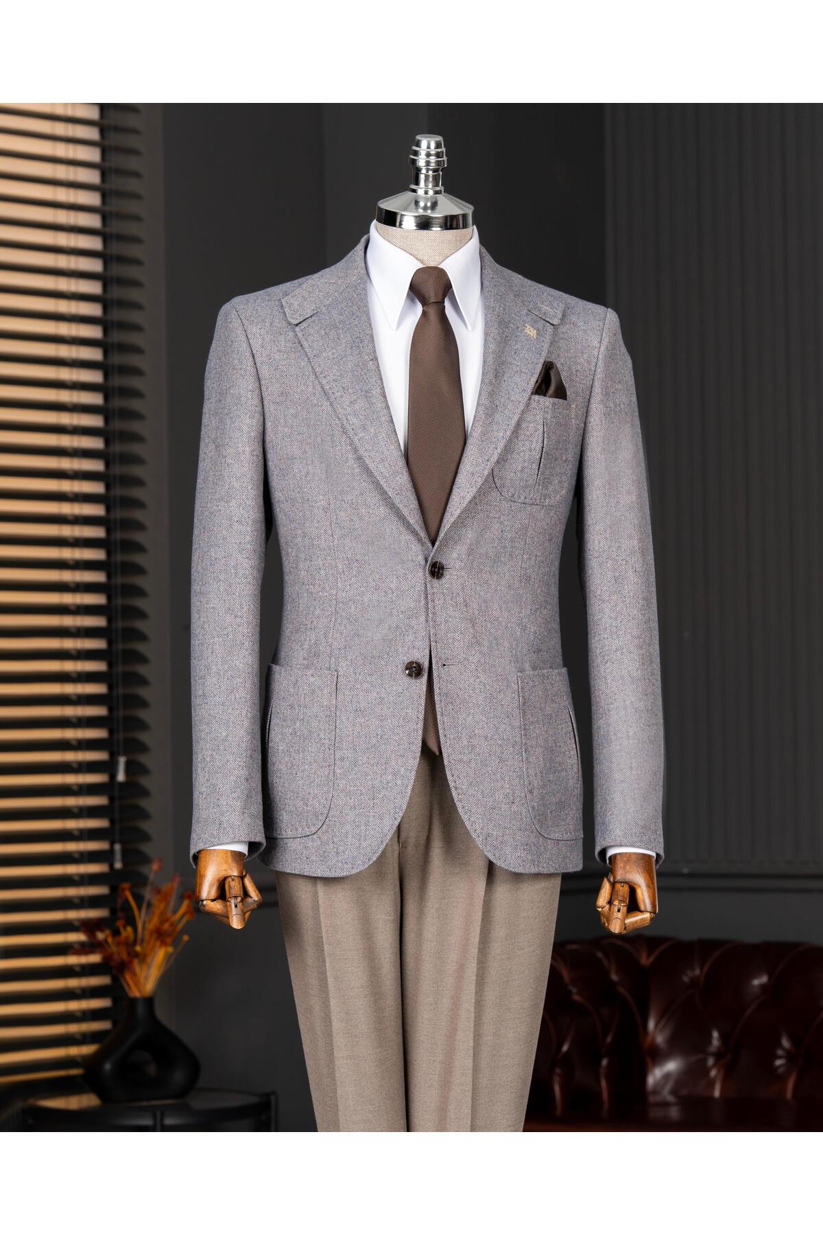 TerziAdemAltun Italian Style Slim Fit Wool Blend Jacket Pants Combination Suit Beige T14681