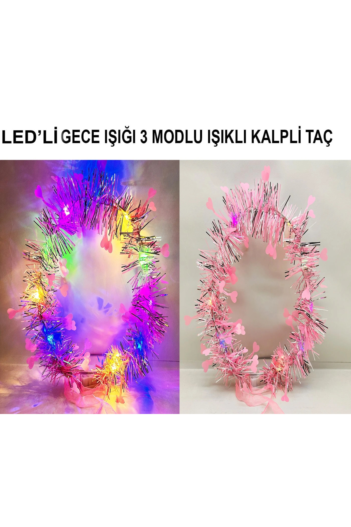 Fırsatkolik Kalp Püsküllü 3 Modlu Led Işıklı Taç Pembe Renk