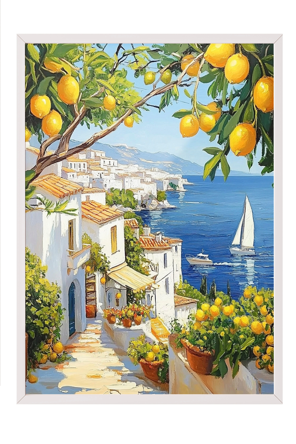 風景画【盛夏】 Zestia Poster Akdeniz Sahili Limon Ağacı ve Deniz Manzarası Salon