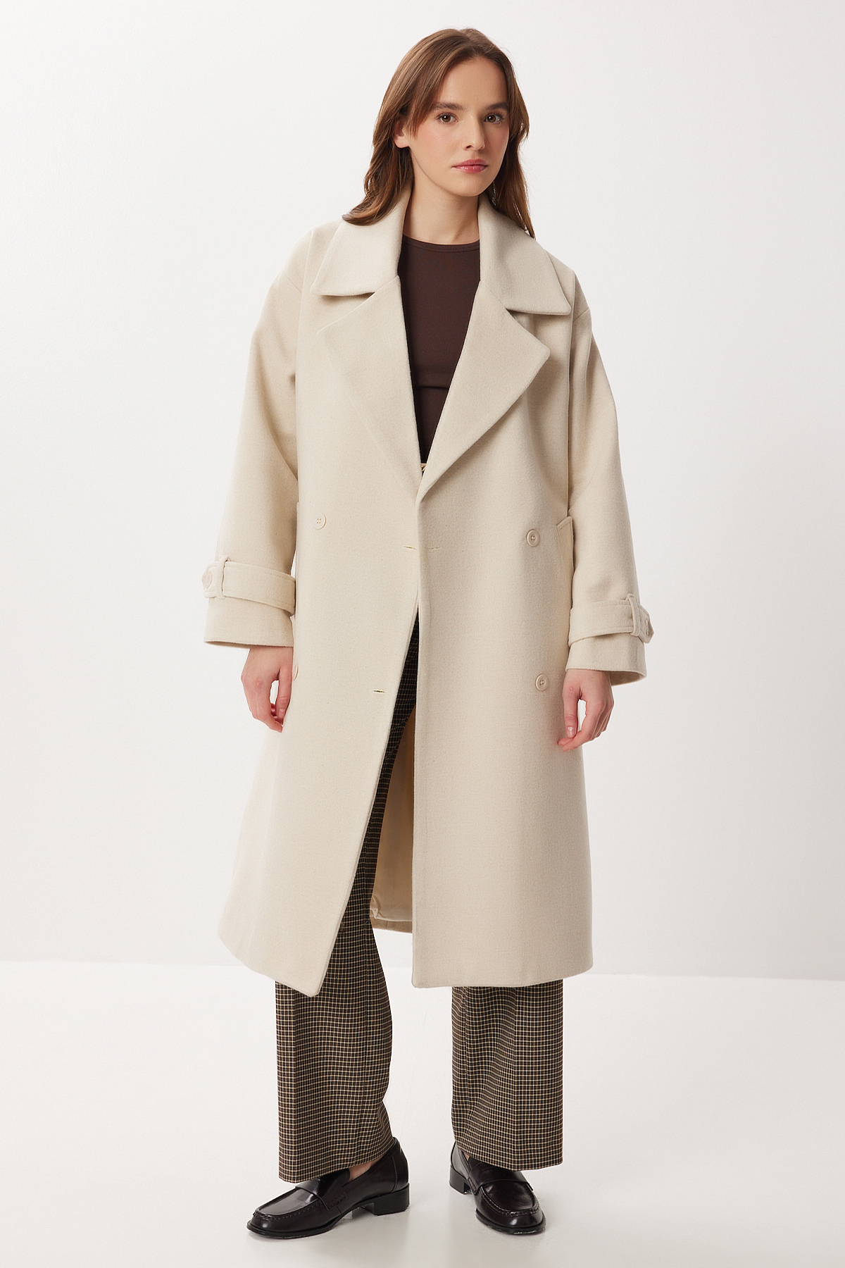 Lovelyİstanbul  Kruvaze Yaka Kuşaklı Kaşe Kaban LDW0007 KREM MELANJ - Görsel 5