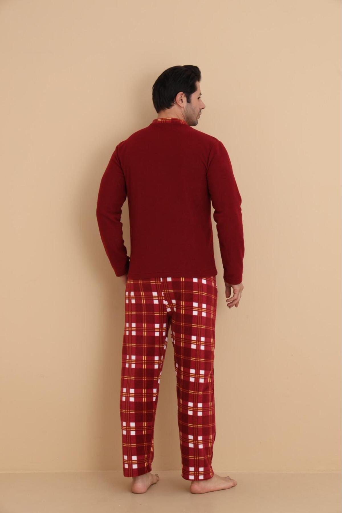 STELLAPİNK Kırmızı Beyaz Ekose Desenli Polar Erkek Pijama Takımı görsel 3