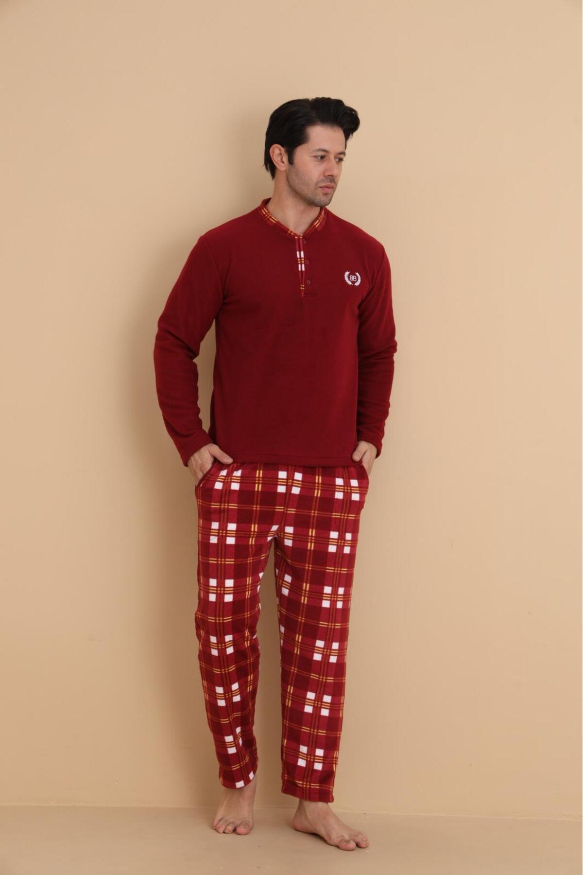 STELLAPİNK Kırmızı Beyaz Ekose Desenli Polar Erkek Pijama Takımı görsel 2