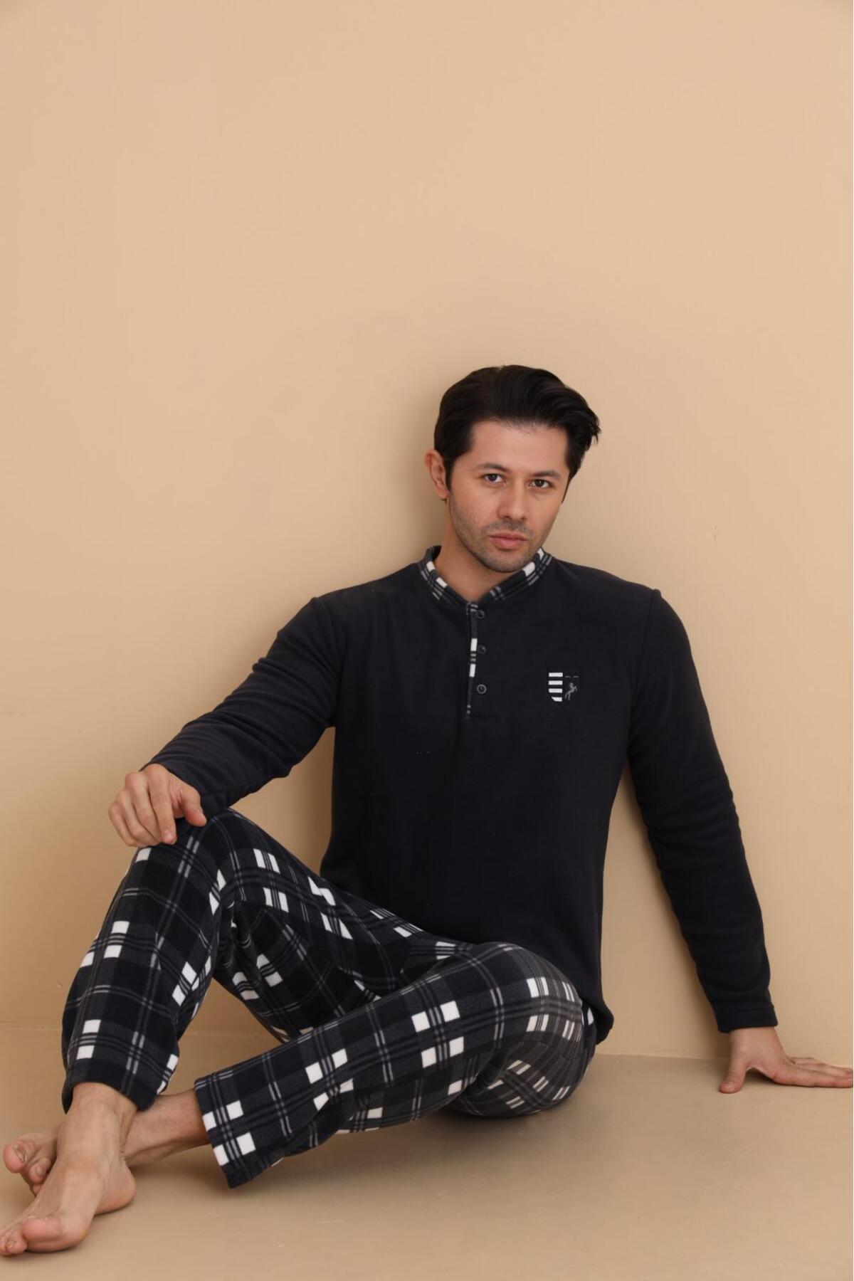 STELLAPİNK Siyah Beyaz Ekose Desenli Polar Erkek Pijama Takımı